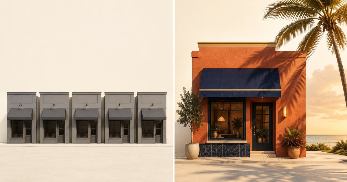 Split illustration: a row of identical generic template storefronts on the left, one distinctive custom-built storefront with terra-cotta walls and a navy awning on the right