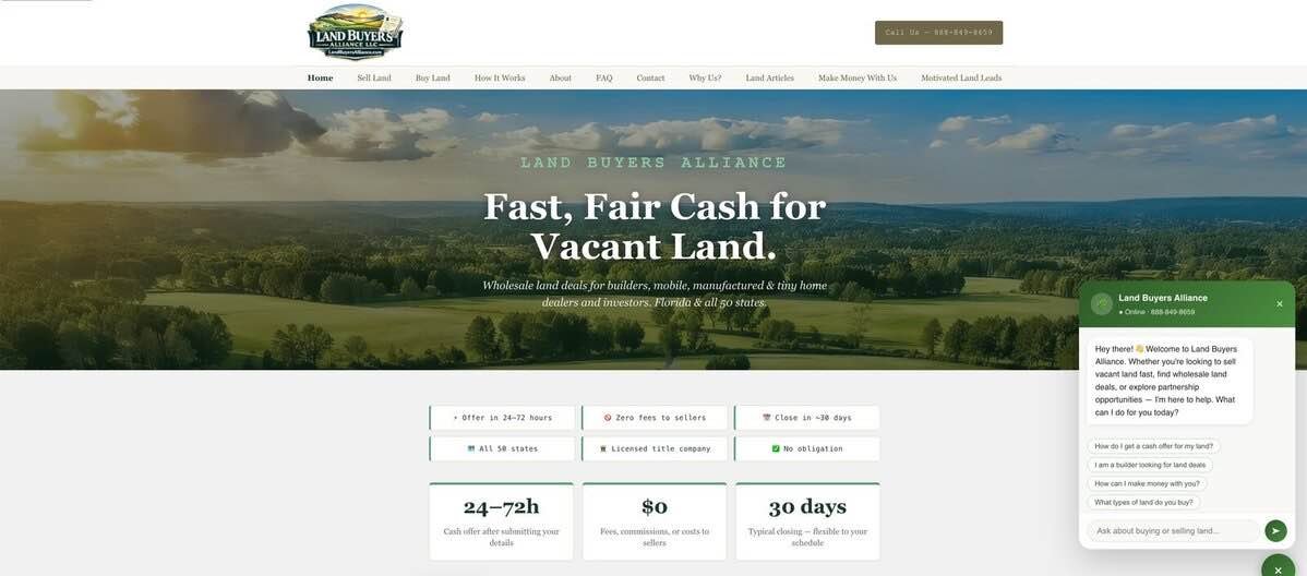 LandBuyersAlliance.com homepage with AI chatbot