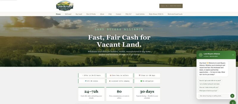 LandBuyersAlliance.com homepage with AI chatbot