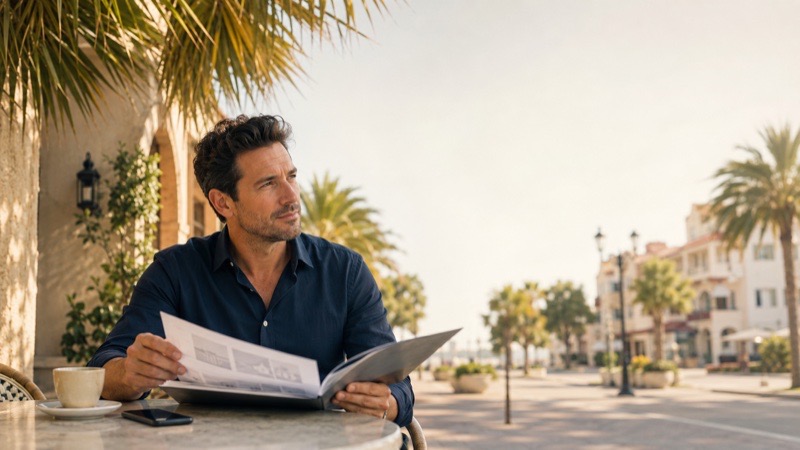 Small business owner thoughtfully reviewing a portfolio folder at a Sarasota café - Suncoast Local