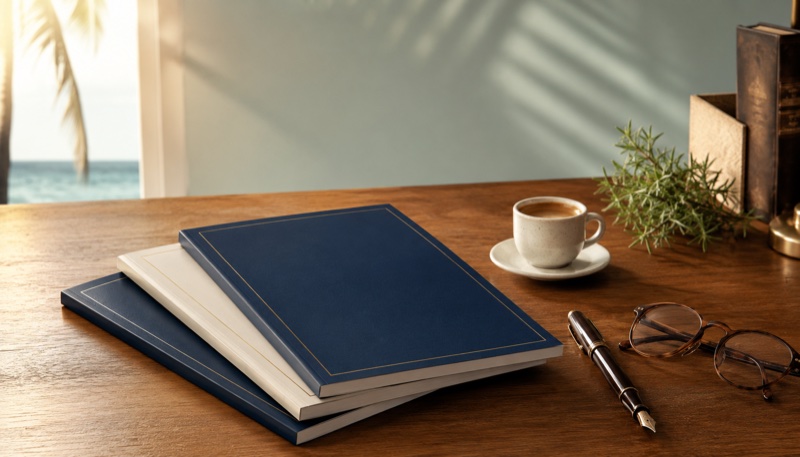 A small stack of premium printed playbooks on a sun-lit desk - Suncoast Local resources