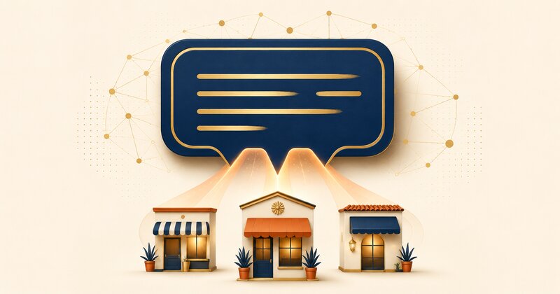 AI chatbot interface with brushed gold neural network and small business storefront recommendations