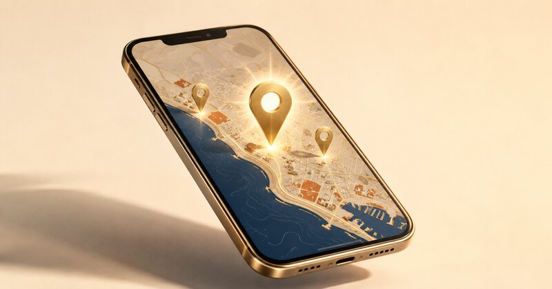 Smartphone displaying a stylized map of the Sarasota coastline with three glowing gold location pins